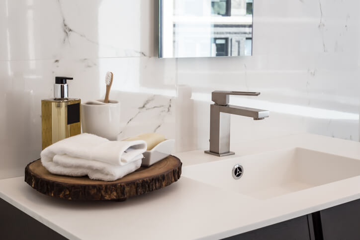 Clean-lined contemporary bathroom wash sink with modern faucets