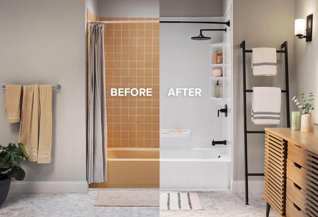Before and after comparison of the same bathtub renovation by Bath Fitter