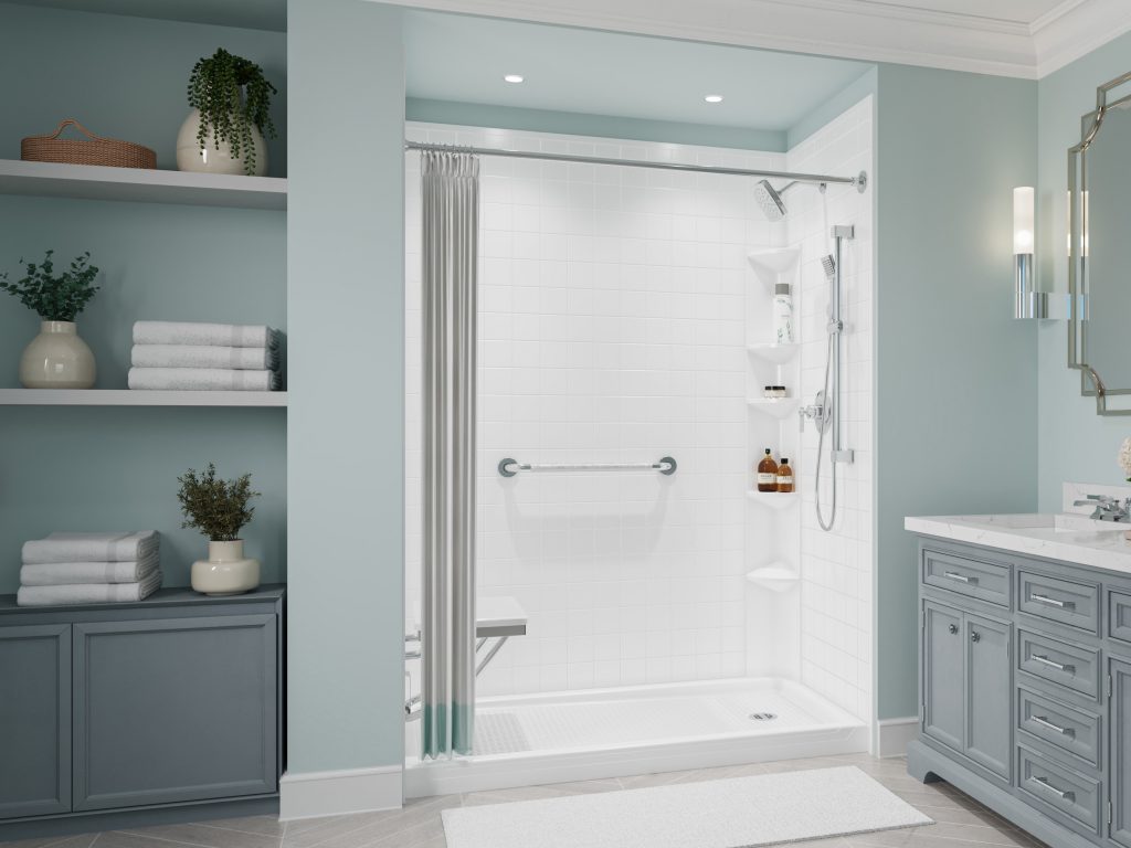 Double vanity with under the sink storage.