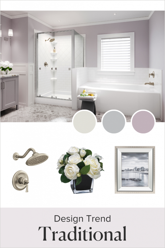 A mood board of a traditional bathroom with separate areas for a bath and shower with accessories: metal shower head and faucet, flowers in a vase, metal-framed skyline picture