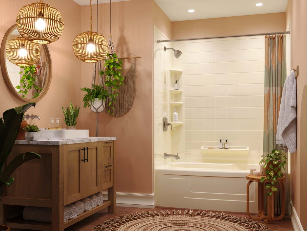 Various plants are displayed all around the bathroom. Two are on the vanity, one on the bathroom floor, and another two hang from the wall.